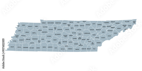 Tennessee, subdivided into 95 counties, gray political map with borders and county names. Landlocked state in the Southeastern region of the United States, nicknamed The Volunteer State. Illustration photo