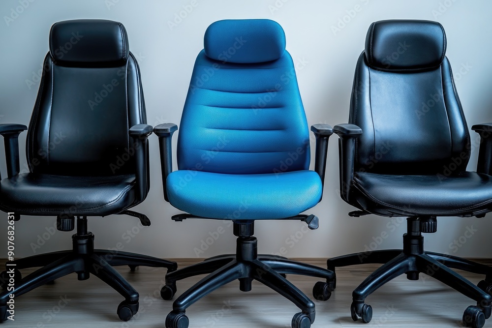 Obraz premium Blue office chair standing out from the crowd of black office chairs