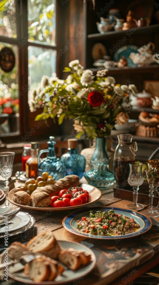 Rustic Table Setting with Food and Flowers. Rustic Table Setting with Food and Flowers.