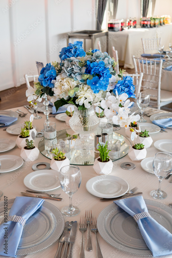 Beautiful Wedding Venue in Istanbul: Tables with Floral Centerpieces and Bridge View