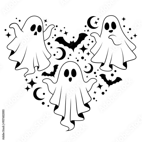 cute ghost heart shape for greeting halloween illustration