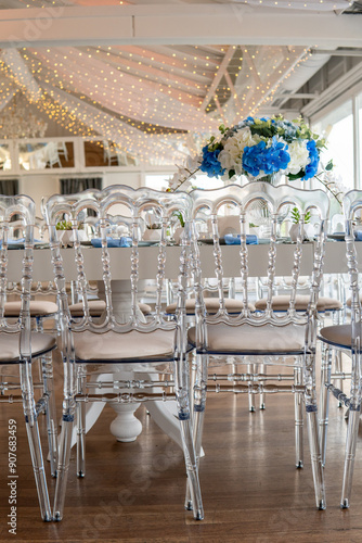 Beautiful Wedding Venue in Istanbul: Tables with Floral Centerpieces and Bridge View
