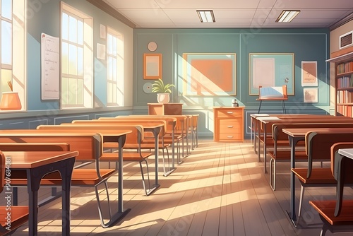 Illustration of classroom interior vintage wooden lecture wooden chairs and desks. Back to school concept in high school.