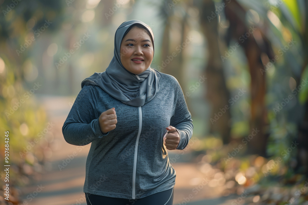 Obraz premium indonesian female jogging, hijab women running, morning run asian woman