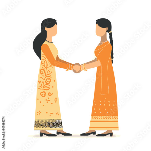 Two women shaking hands warmly, wearing traditional Indian sarees, indicating greeting deal. Darkhaired females vibrant orange ethnic wear present harmonious interaction. Isolated white background