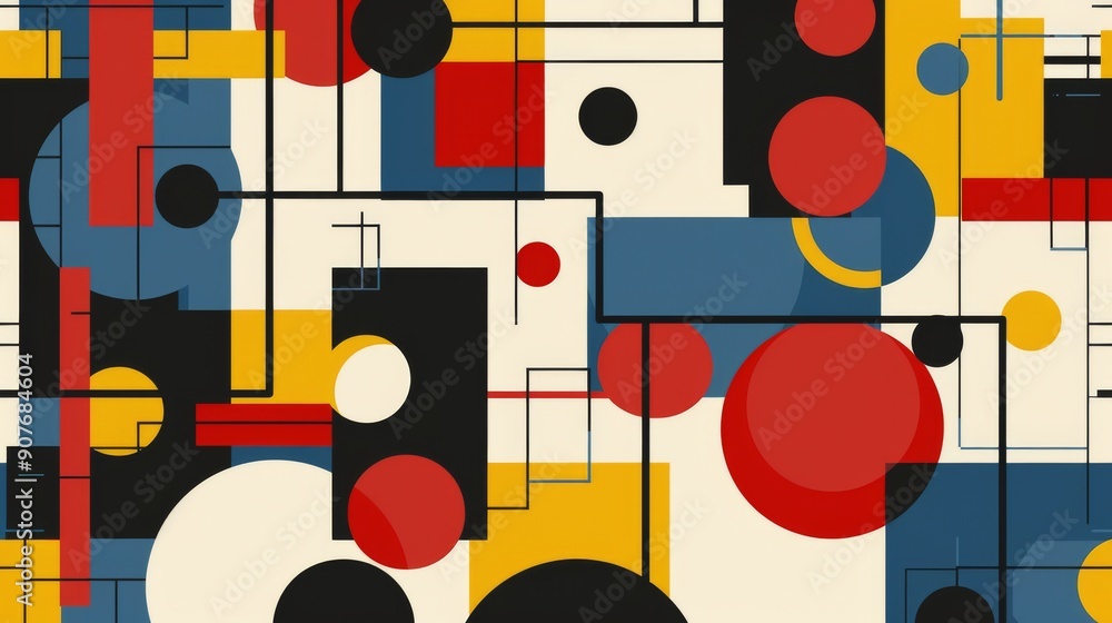 Abstract Bauhaus geometric pattern featuring bold shapes and primary colors. Clean, minimalist design. Vector art