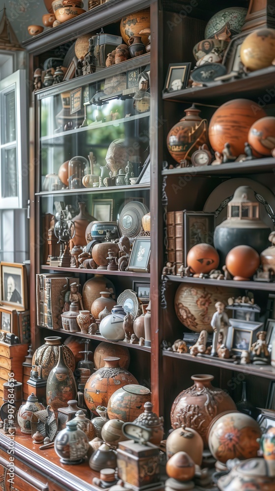 Antique Curios and Collectibles on a Wooden Shelf. Antique Curios and Collectibles on a Wooden Shelf.