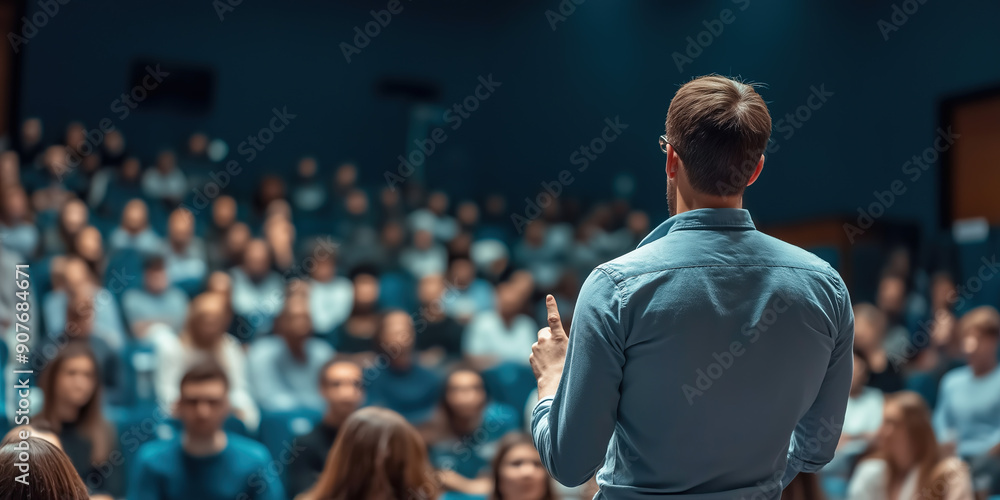 speaker giving presentation in hall at university, blurred audience in background, education and training concept, copy space area speaker giving presentation in hall at university, blurred audience in background, education and training concept, copy space area