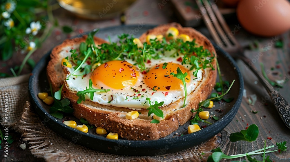 Heart-shaped Toast with Fried Egg, Cress, and Corn Salad: Perfect Valentine's Day or Easter Breakfast Treat Heart-shaped Toast with Fried Egg, Cress, and Corn Salad: Perfect Valentine's Day or Easter Breakfast Treat