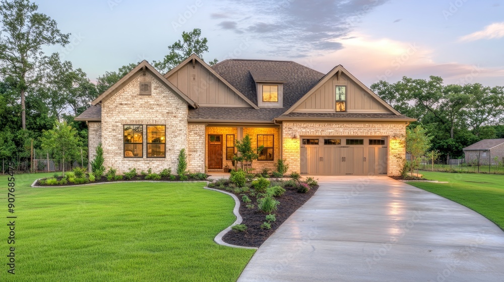 Fototapeta premium Modern suburban house with well-maintained front yard.