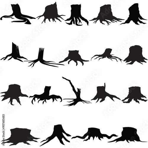 Black silhouette old tree stump with roots. Halloween vector icon. Tree Stump Icon, Tree Stump Vector Art Illustration. Tree Stump Silhouette . Set of tree roots silhouettes. Stump icon. 