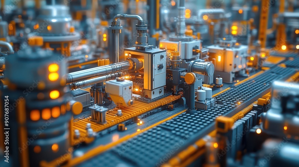 Automated Factory Production Line with Yellow and Blue Lighting. Automated Factory Production Line with Yellow and Blue Lighting.