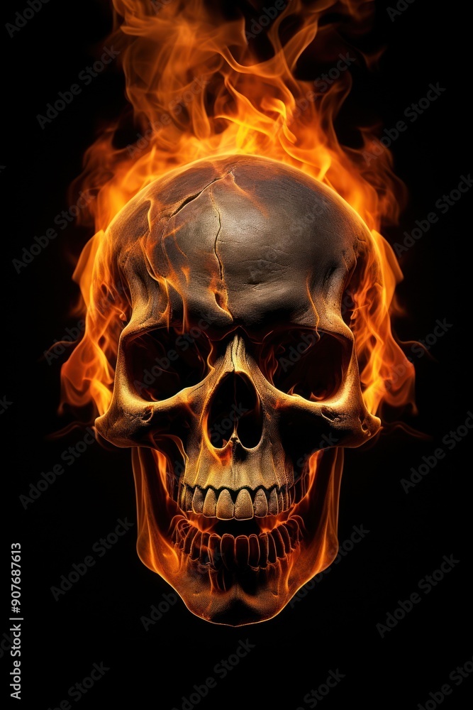 Fototapeta premium Skull fire flame black background.