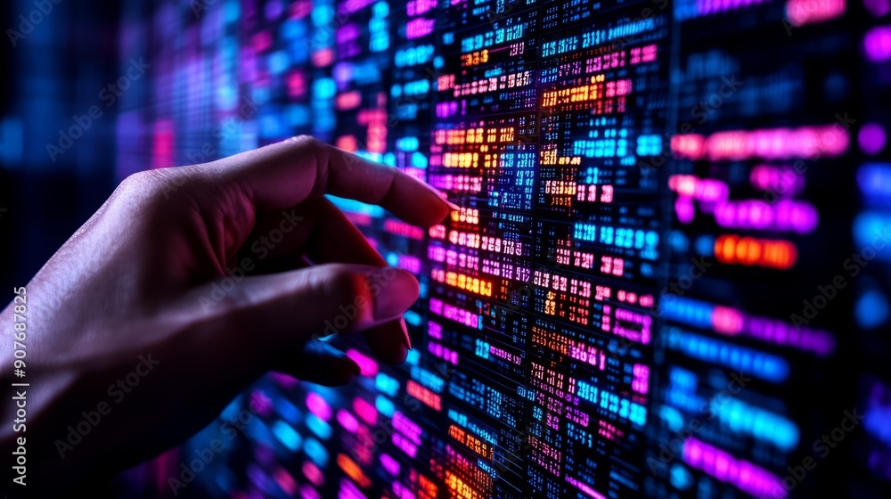 A hand interacting with a vibrant digital display, showcasing colorful data patterns and technological elements. A hand interacting with a vibrant digital display, showcasing colorful data patterns and technological elements.