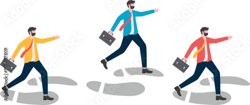 Business team running along huge footprints. Business vector illustration
