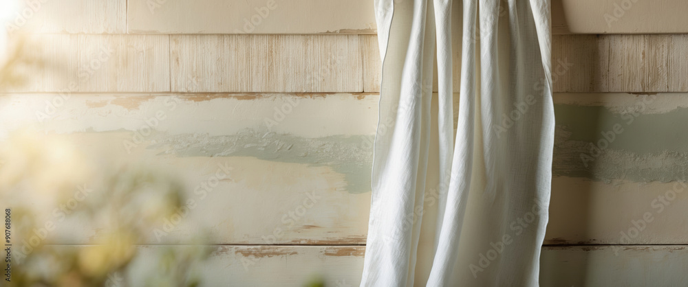 White linen fabric hanging on rustic wooden wall, providing copy space for advertising White linen fabric hanging on rustic wooden wall, providing copy space for advertising