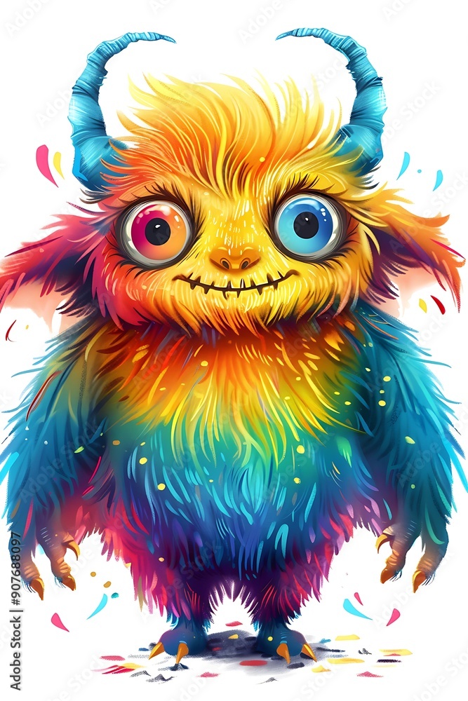 Playful monster with colorful fur and small wings, cute cartoon, isolated on white background Playful monster with colorful fur and small wings, cute cartoon, isolated on white background