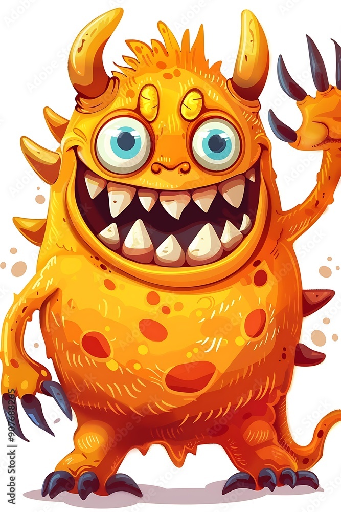 Naklejka premium Smiling monster waving and showing its sharp teeth, cute cartoon, isolated on white background