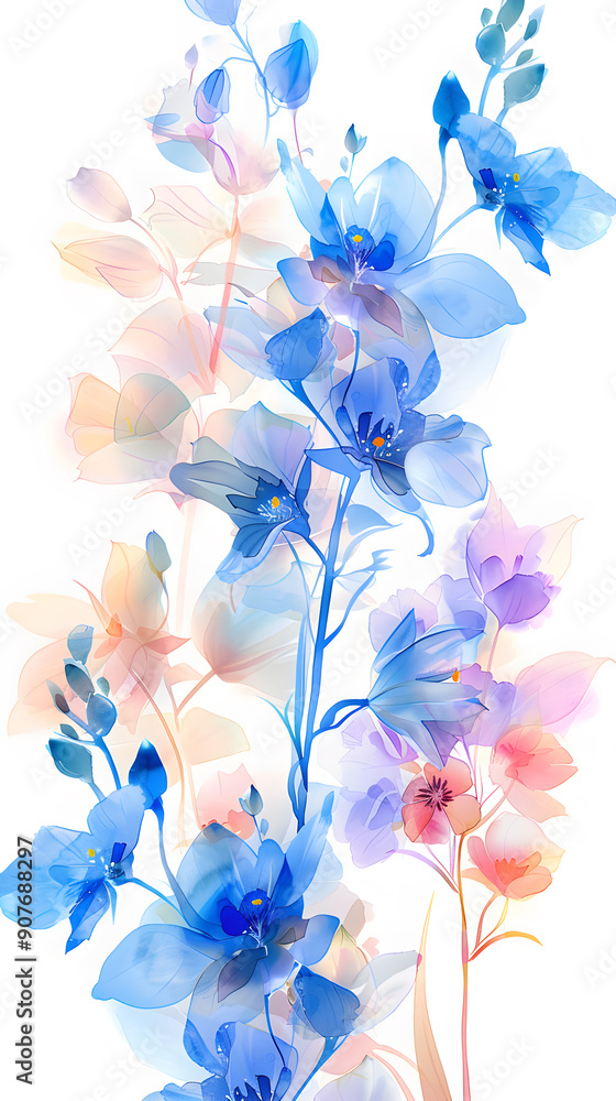 Blue delphinium white background light coral background illustration Blue delphinium white background light coral background illustration