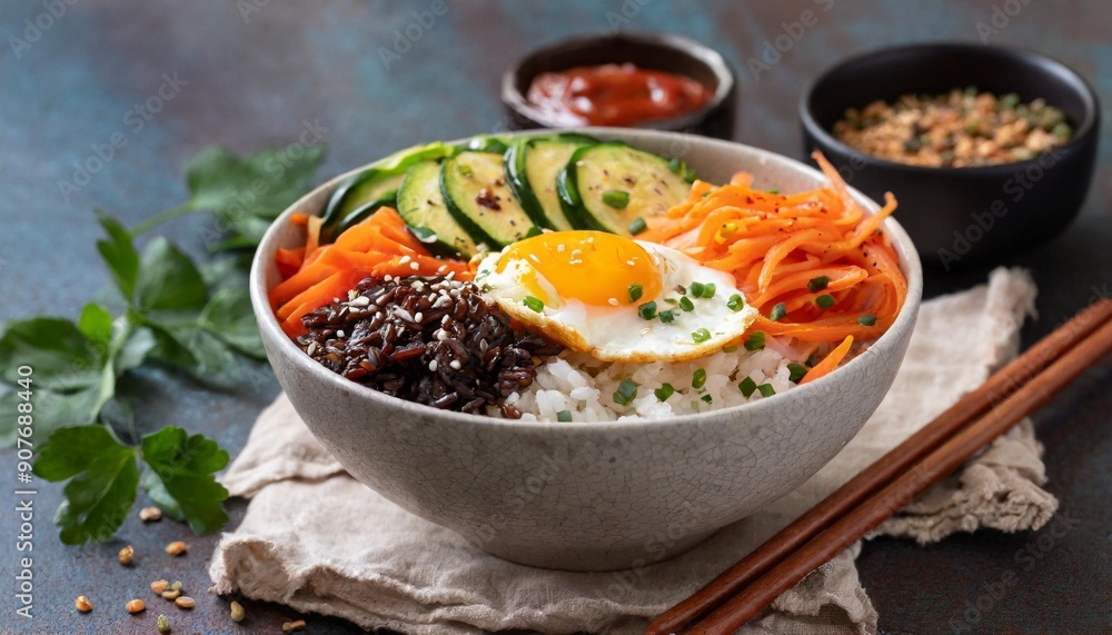 Hearty Bibimbap: Mixed Rice Bowl with Vegetables, Egg, and Gochujang Sauce Hearty Bibimbap: Mixed Rice Bowl with Vegetables, Egg, and Gochujang Sauce