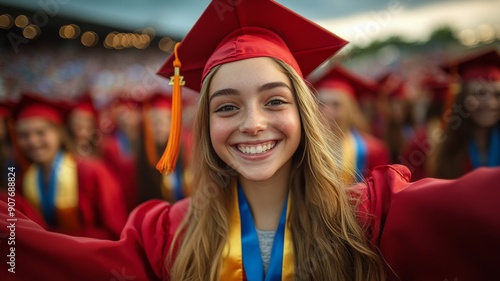 High school graduates celebrate enrollment by using student paraphernalia. Generative AI