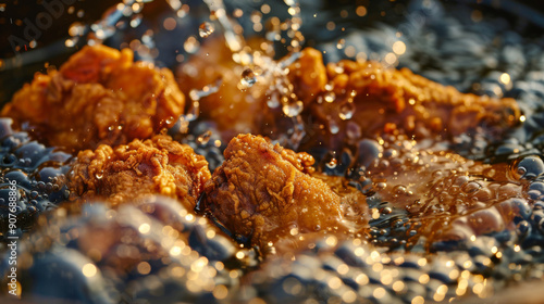 A plate of fried chicken is being cooked in a pan with water