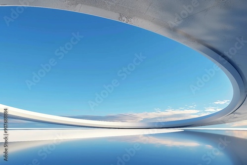 Fototapeta Naklejka Na Ścianę i Meble -  surreal white minimal architecture background with geometric shapes, abstract fantastic design , landmark futuristic panoramic, futuristic scene with copy space, blue sky and cloudy.