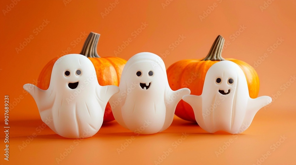 Cheerful Halloween Ghosts and Funny Pumpkin on Orange Background for Festive Handmade Decorations - Happy Halloween Holiday Concept Cheerful Halloween Ghosts and Funny Pumpkin on Orange Background for Festive Handmade Decorations - Happy Halloween Holiday Concept