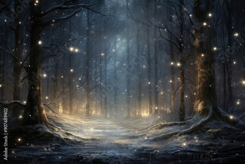 Forest night illuminated landscape.