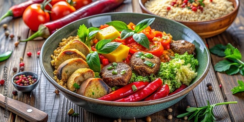 Wallpaper Mural Vibrant vegan lunch bowl featuring quinoa, stewed vegetables, lentil cutlets, eggplant-squash pate, green buckwheat and millet bread, red pepper, tomato, and fresh herbs. Torontodigital.ca