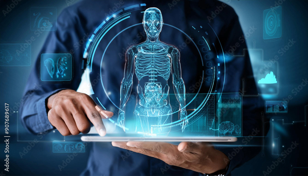 hand man using digital tablet, and human anatomy hologram. modern technology concept hand man using digital tablet, and human anatomy hologram. modern technology concept