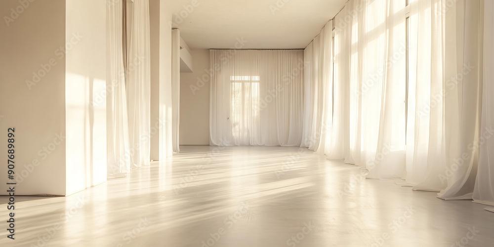 Ethereal Emptiness: A spacious, white-walled room, devoid of any clutter or furniture, illuminated by soft, natural light filtering through sheer curtains. Ethereal Emptiness: A spacious, white-walled room, devoid of any clutter or furniture, illuminated by soft, natural light filtering through sheer curtains.