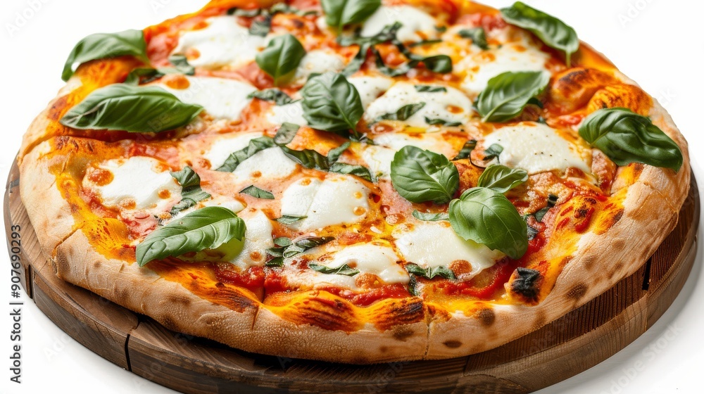 Cheesy pizza topped with fresh basil and mozzarella, served on a rustic wooden board against a bright white background Cheesy pizza topped with fresh basil and mozzarella, served on a rustic wooden board against a bright white background