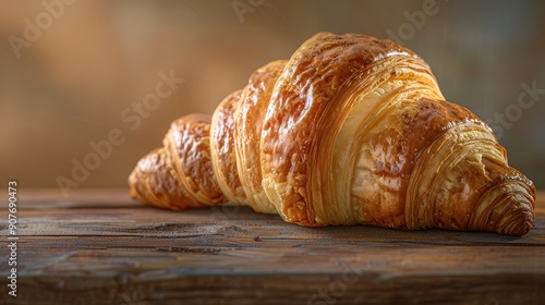 Golden, Flaky Croissant on Rustic Wooden Table with Warm Background Lighting