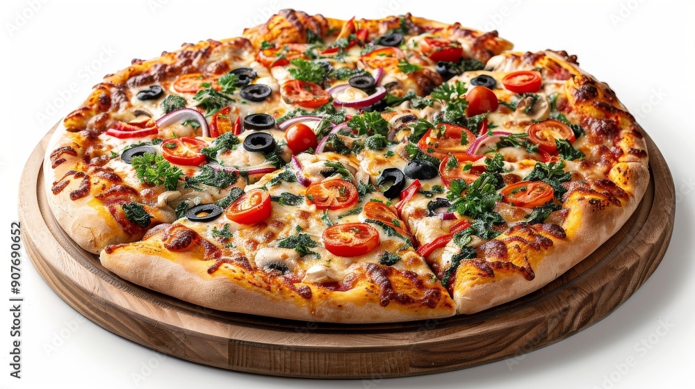 Cheesy pizza topped with fresh basil and mozzarella, served on a rustic wooden board against a bright white background Cheesy pizza topped with fresh basil and mozzarella, served on a rustic wooden board against a bright white background
