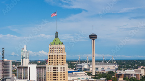 San Antonio, Texas, USA, aerial city view - above the roofs - with famous landmark