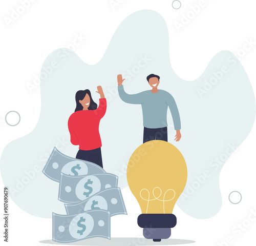 Idea pitching, fund raising and venture capital, selling business or merger agreement concept.flat design.illustration with people.
