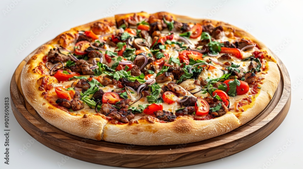 Cheesy pizza topped with fresh basil and mozzarella, served on a rustic wooden board against a bright white background Cheesy pizza topped with fresh basil and mozzarella, served on a rustic wooden board against a bright white background