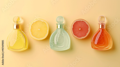 Three bottles of fruit perfume with citrus notes of different colors lie in a row on a pale yellow background. Between them lie lemon and grapefruit circles. photo