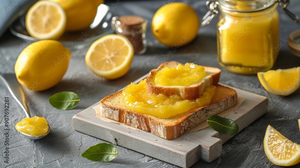 Fresh Homemade Lemon Curd Spread on Toast and Preserved in a Glass Jar Fresh Homemade Lemon Curd Spread on Toast and Preserved in a Glass Jar