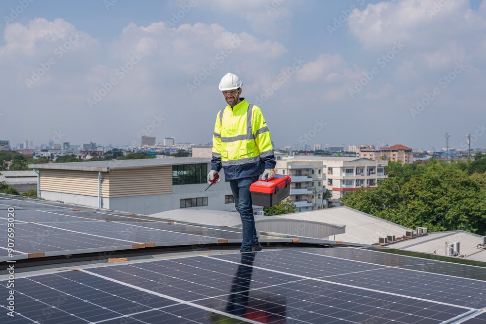 Engineer service check installation solar cell on the roof of factory. Silhouette technician inspection and repair solar cell on the roof of factory. Technology solar energy renewable. Engineer service check installation solar cell on the roof of factory. Silhouette technician inspection and repair solar cell on the roof of factory. Technology solar energy renewable.