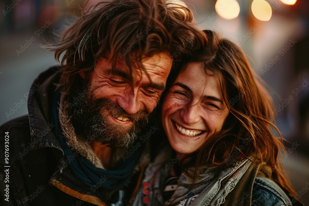 Smiling faces of homeless man and woman, warmth in adversity Smiling faces of homeless man and woman, warmth in adversity