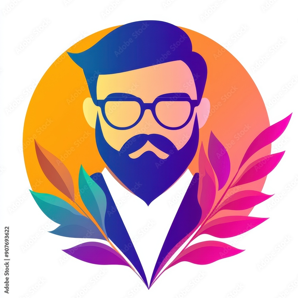 Naklejka premium Modern man in glasses surrounded by colorful leaves on an orange gradient background