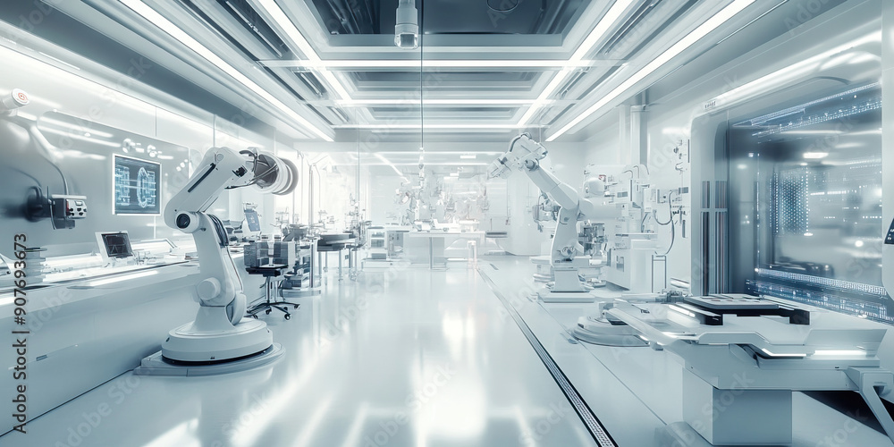 The Robotics Workshop: A pristine white lab with sleek robotic arms and sparkling tools. The Robotics Workshop: A pristine white lab with sleek robotic arms and sparkling tools.
