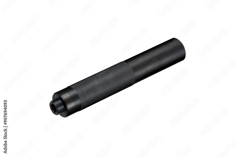 Black silencer for weapons. Suppressor that is at the end of an assault rifle. Isolate on a white back. Black silencer for weapons. Suppressor that is at the end of an assault rifle. Isolate on a white back.