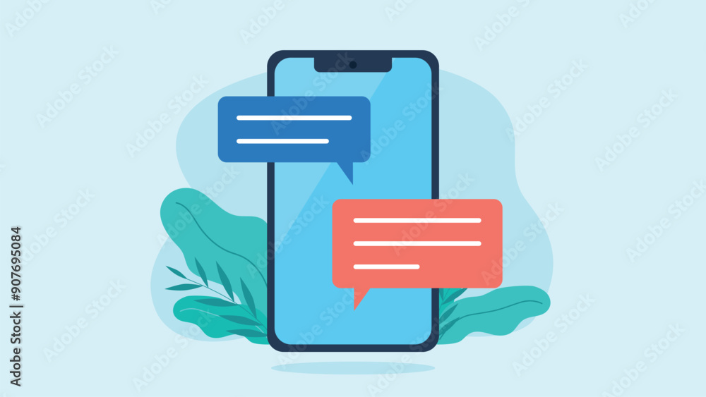 There are text message bubbles on the cell phone screen. There are flower leaves behind the phone. Flat design vector illustration. There are text message bubbles on the cell phone screen. There are flower leaves behind the phone. Flat design vector illustration.