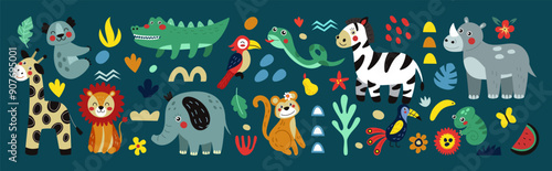 Children animals. Elephant, giraffe, toucan bird. Jungle abstract pattern. Cute zoo, baby cartoon isolated lion and crocodile, nature wild. Funny wildlife Africa. Vector kids tidy kids illustration