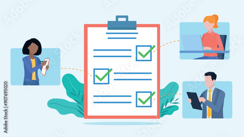 A checklist with well-marked answers. The checkers are accompanied by figures of employees. Two women and a man are working on a computer, taking notes. Flat design vector illustration.