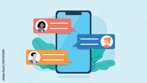 On the screen of the cell phone there are text message bubbles with user avatars. Group chat of employees in the company. Flat design vector illustration.