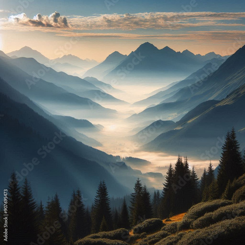 View of the mountains in the morning with a thin mist forming the valley.